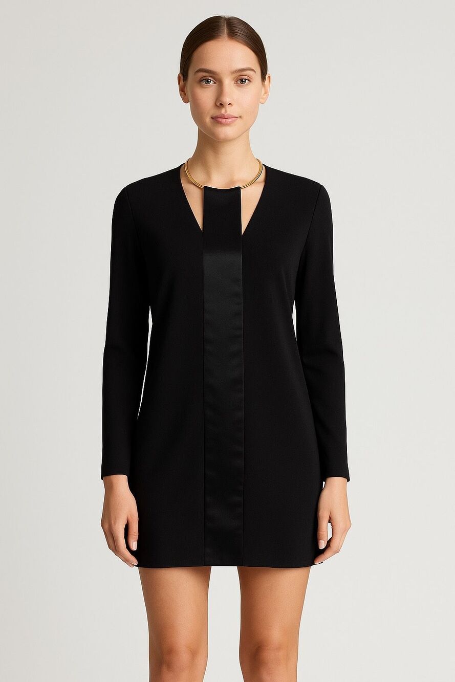 Halston Heritage Black Satin Tuxedo Shift Mini Dress Gold Necklace Size 8
